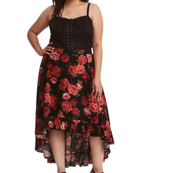 Torrid Rose Black Floral High Low Midi Maxi Casual Summer Formal Flowy Skirt - Picture 1 of 6